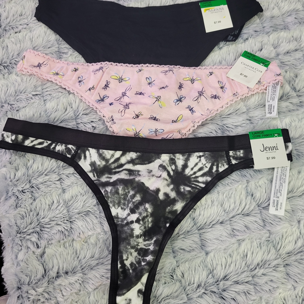 Nwt Lot Of 3 Thongs - Alfani, Charter Club, Jenni Size Large Pink, Black, Tiedye